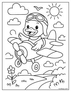 ברווז טייס מטיס מטוס בשמיים דף צביעה לילדים