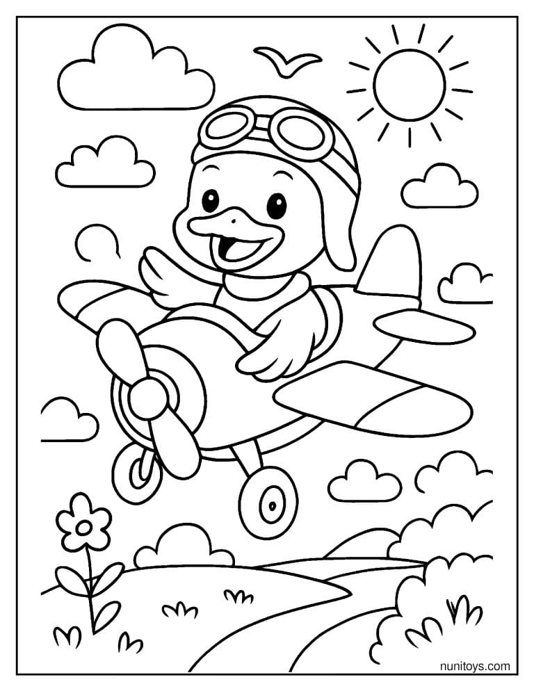 Coloriage canard pilote aux commandes d’un petit avion