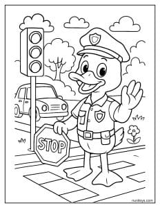 ברווז שוטר מכוון תנועה דף צביעה לילדים