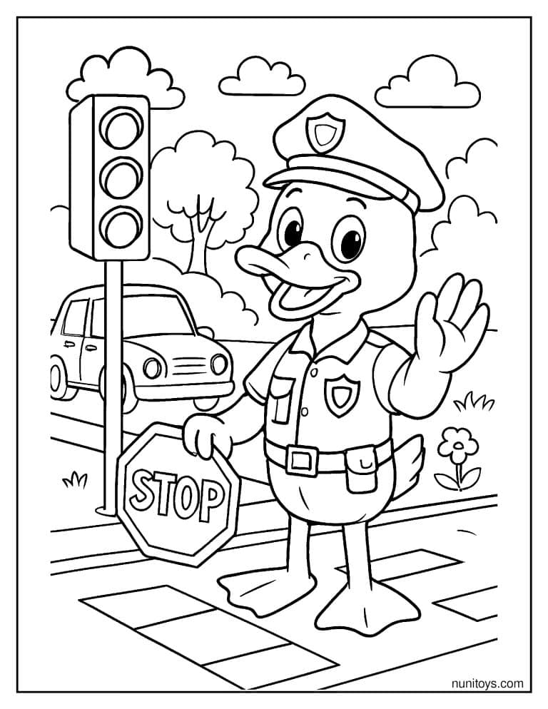 Coloriage canard policier avec panneau Stop au passage piéton