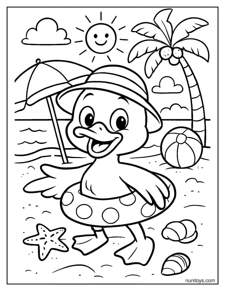 Coloriage canard à la plage avec bouée et chapeau de soleil