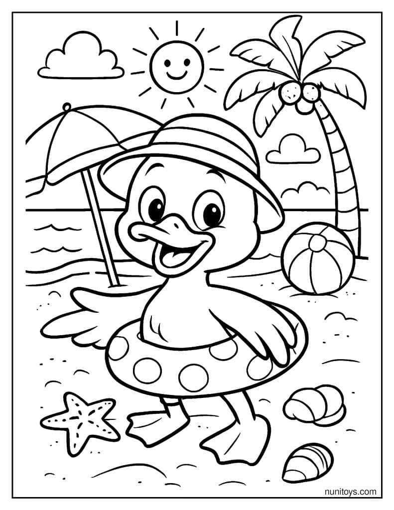 דף צביעה ברווז בחופשת קיץ בים עם גלגל ים