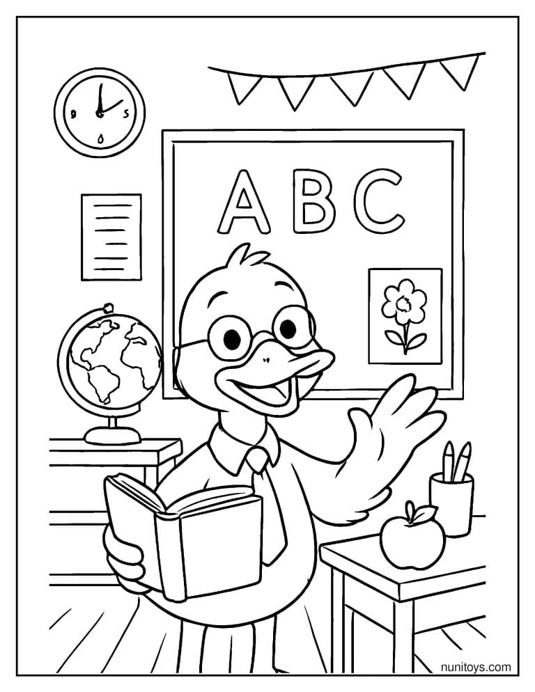 Coloriage canard professeur enseignant l’alphabet en classe