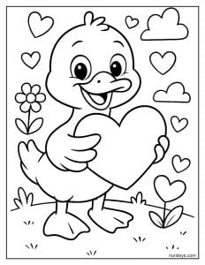 ברווז חמוד מחזיק לב גדול דף צביעה ליום האהבה