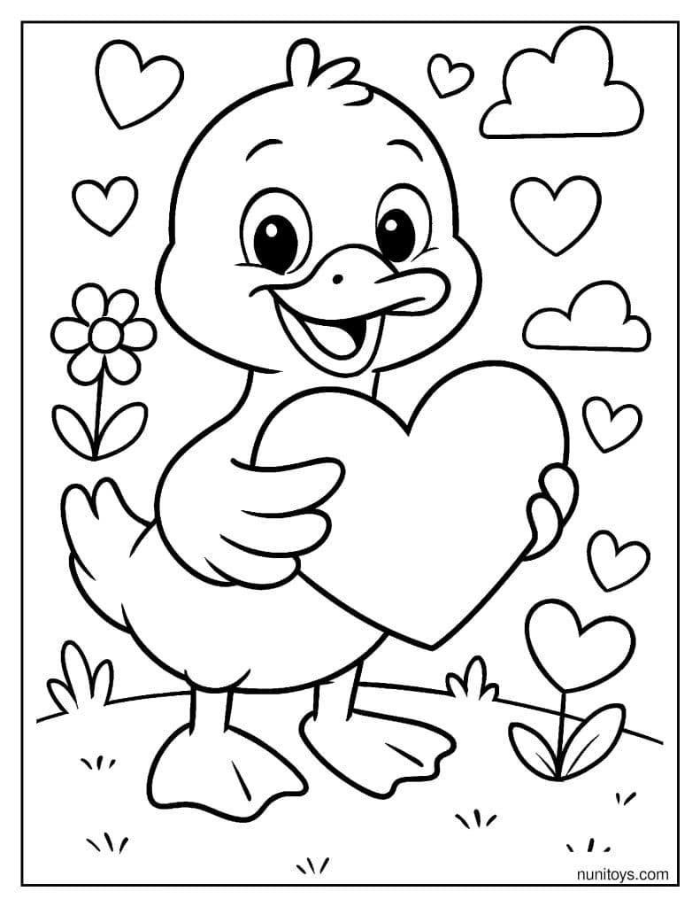ברווז חמוד מחזיק לב גדול דף צביעה ליום האהבה