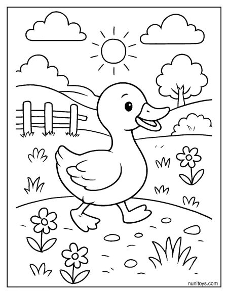 דף צביעה של ברווז הולך בשדה כפרי בין פרחים וגדר