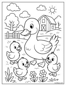 דף צביעה של ברווז עם אפרוחים חמודים ליד חווה ופרחים