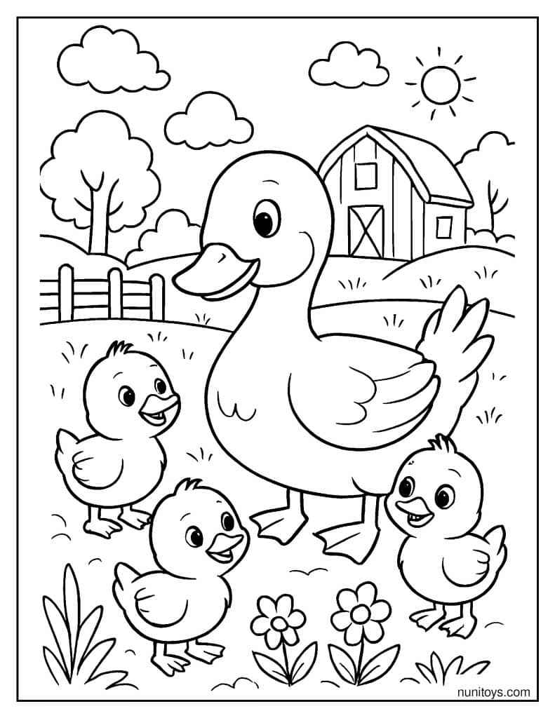 דף צביעה של ברווז עם אפרוחים חמודים ליד חווה ופרחים