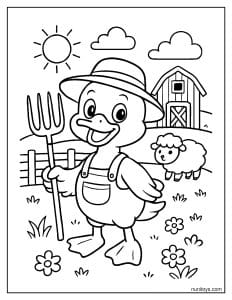 דף צביעה של ברווז חקלאי חמוד עם קלשון ליד חווה וכבשה