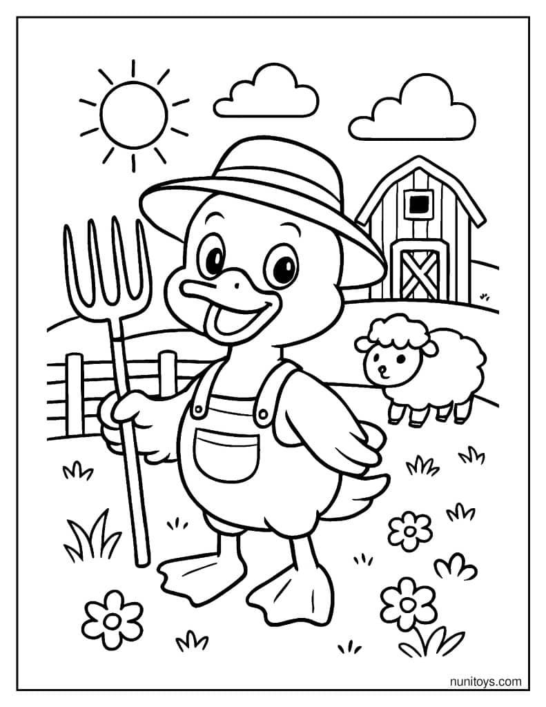 דף צביעה של ברווז חקלאי חמוד עם קלשון ליד חווה וכבשה