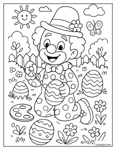 Easter Clown Painting Eggs in a Festive Garden Coloring Page