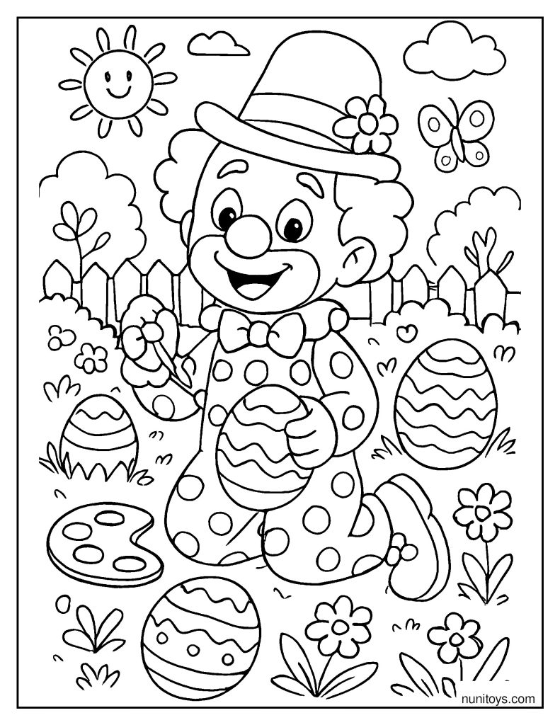 Easter Clown Painting Eggs in a Festive Garden Coloring Page