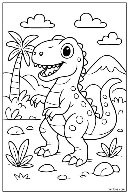 Allosaurus stands in tropical landscape with palm trees and hills Coloring Sheet