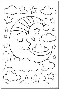 Easy Cartoon Crescent Moon Sleeping on Fluffy Clouds Coloring Page