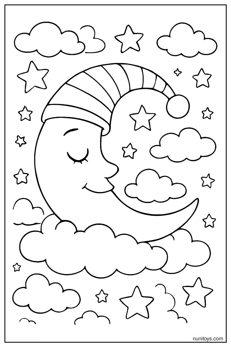 Easy Cartoon Crescent Moon Sleeping on Fluffy Clouds Coloring Page