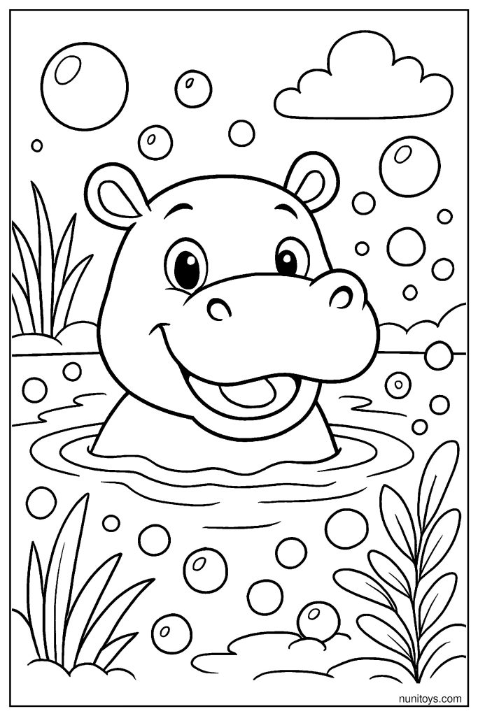 Easy Cartoon Hippo Smiling in Water Coloring Page