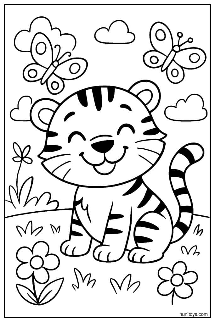 Happy Tiger with Butterflies in a Flower Field Coloring Sheet