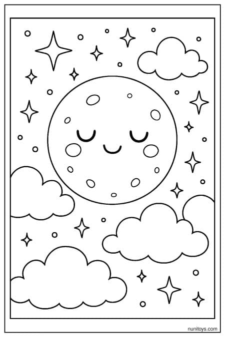 Peaceful Full Moon Among Clouds and Stars Coloring Page