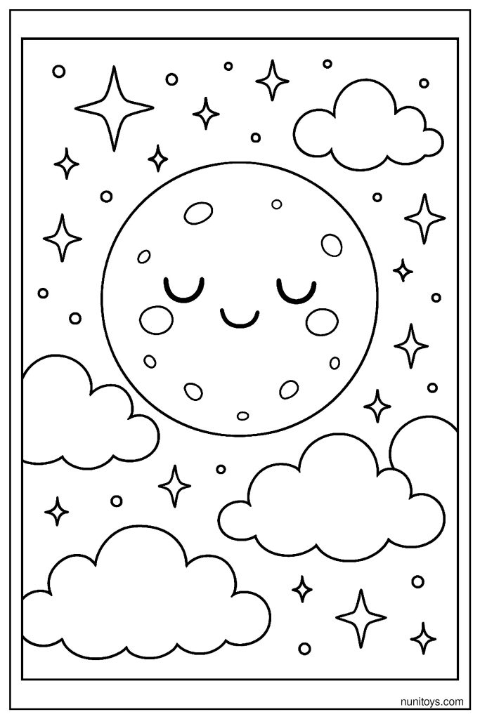 Easy Full Moon with Sparkles and Clouds Coloring Page for Kids