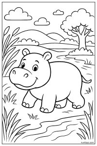 Easy Hippo Walking by Grass and River Coloring Page