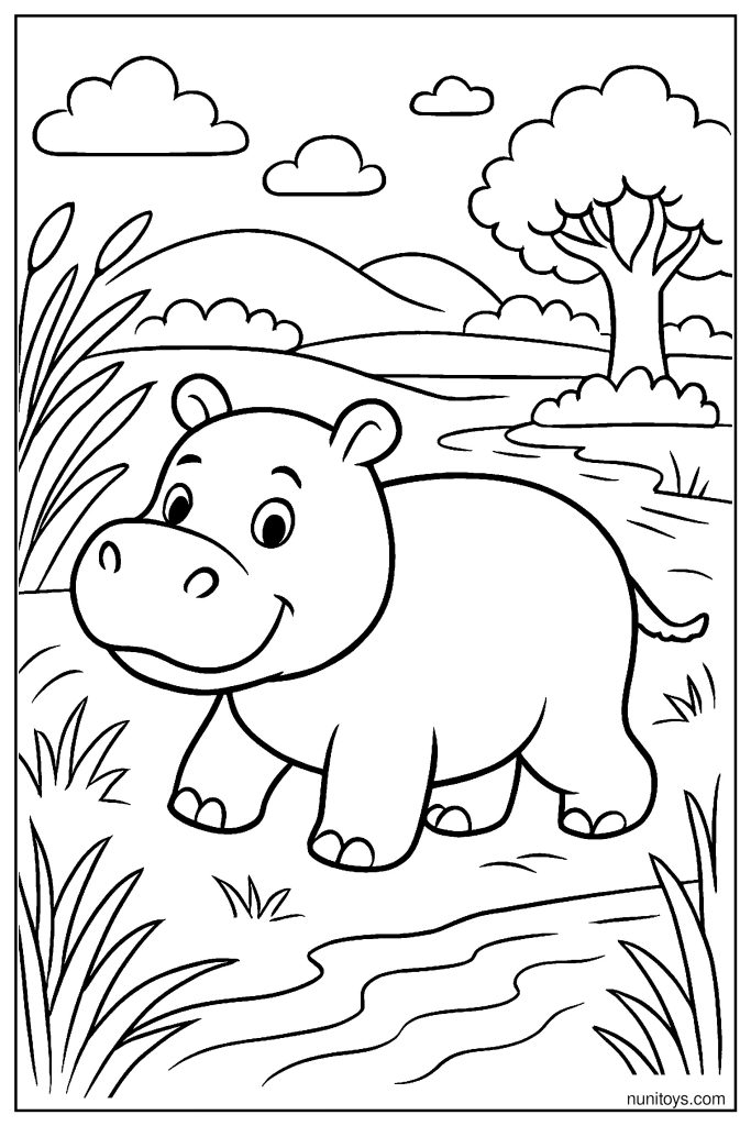 Easy Hippo Walking by Grass and River Coloring Page