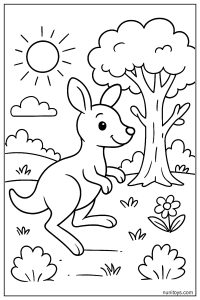 Easy Kangaroo Hopping Near a Tree Coloring Page