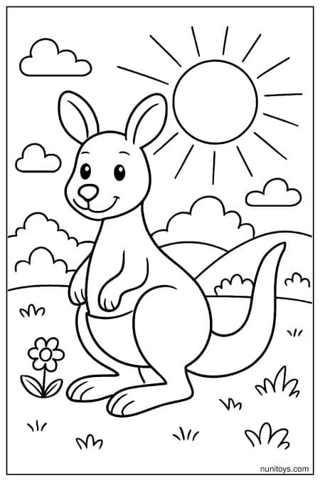Happy Kangaroo Under a Bright Sun in an Open Landscape Coloring Page