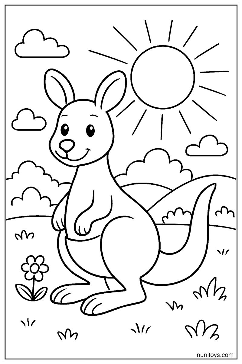 Easy Kangaroo Standing in Front of the Sun Coloring Page