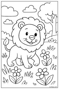 Easy Lion Walking Through Grass with Flowers Coloring Page