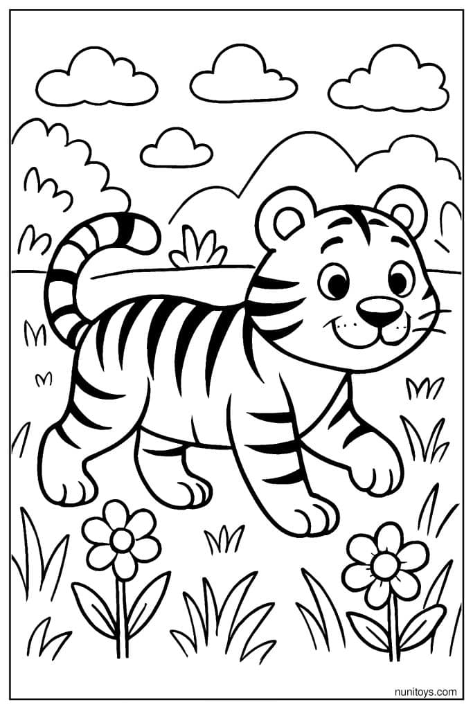 דף צביעה של טיגריס קטן הולך בגינה בין פרחים
