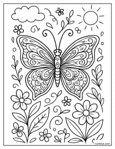 דף צביעה של פרפר אלגנטי עם כנפיים מעוטרות בגינה