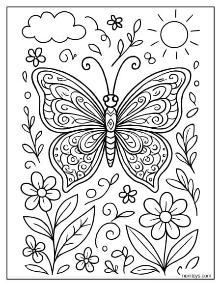 דף צביעה של פרפר אלגנטי עם כנפיים מעוטרות בגינה