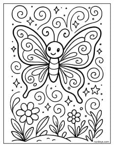 דף צביעה של פרפר קסום עם דוגמאות מסתובבות בגינה