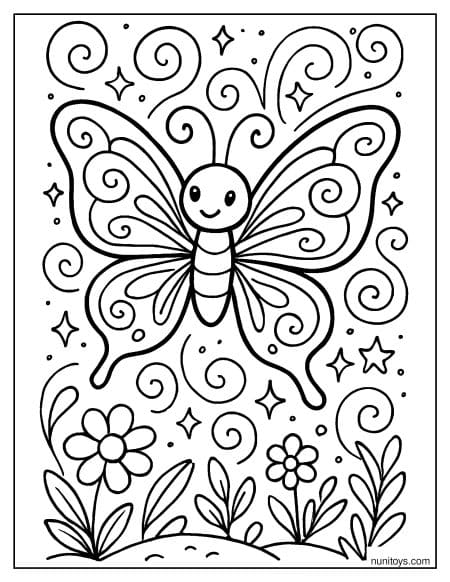 דף צביעה של פרפר קסום עם דוגמאות מסתובבות בגינה
