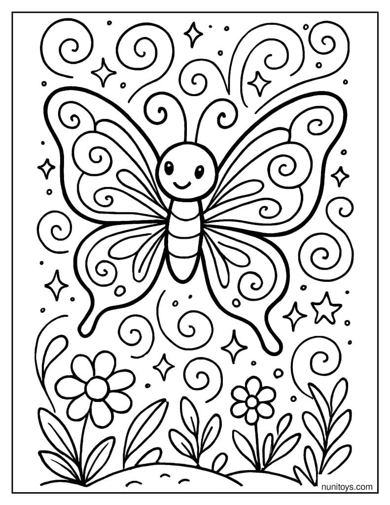 Decorative Butterfly with Swirling Patterns and Stars Coloring Sheet