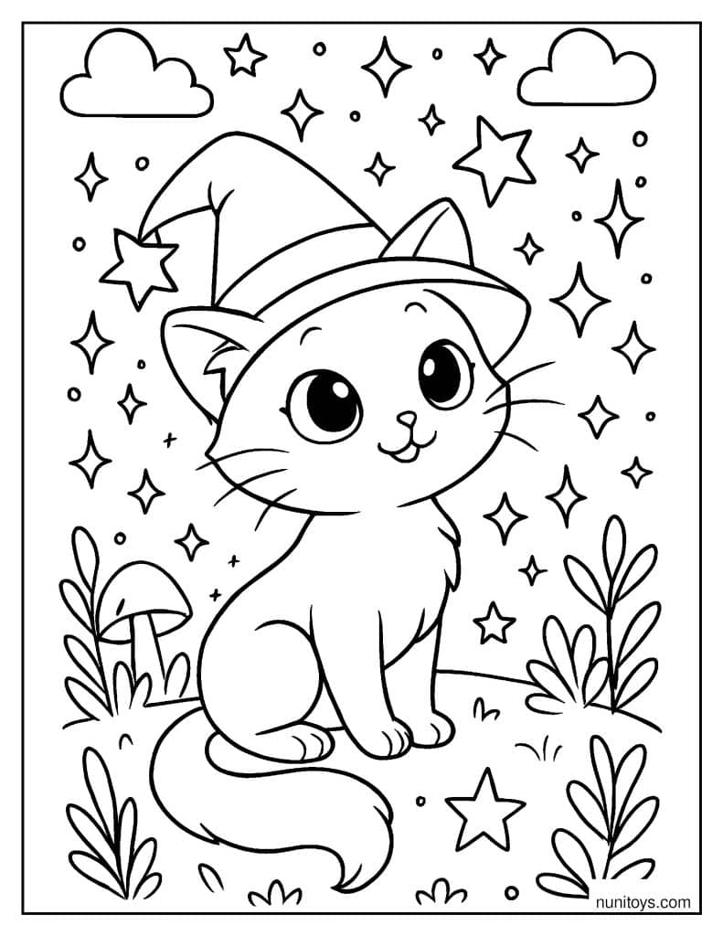 דף צביעה של חתלתול קסום מוקף כוכבים וניצוצות