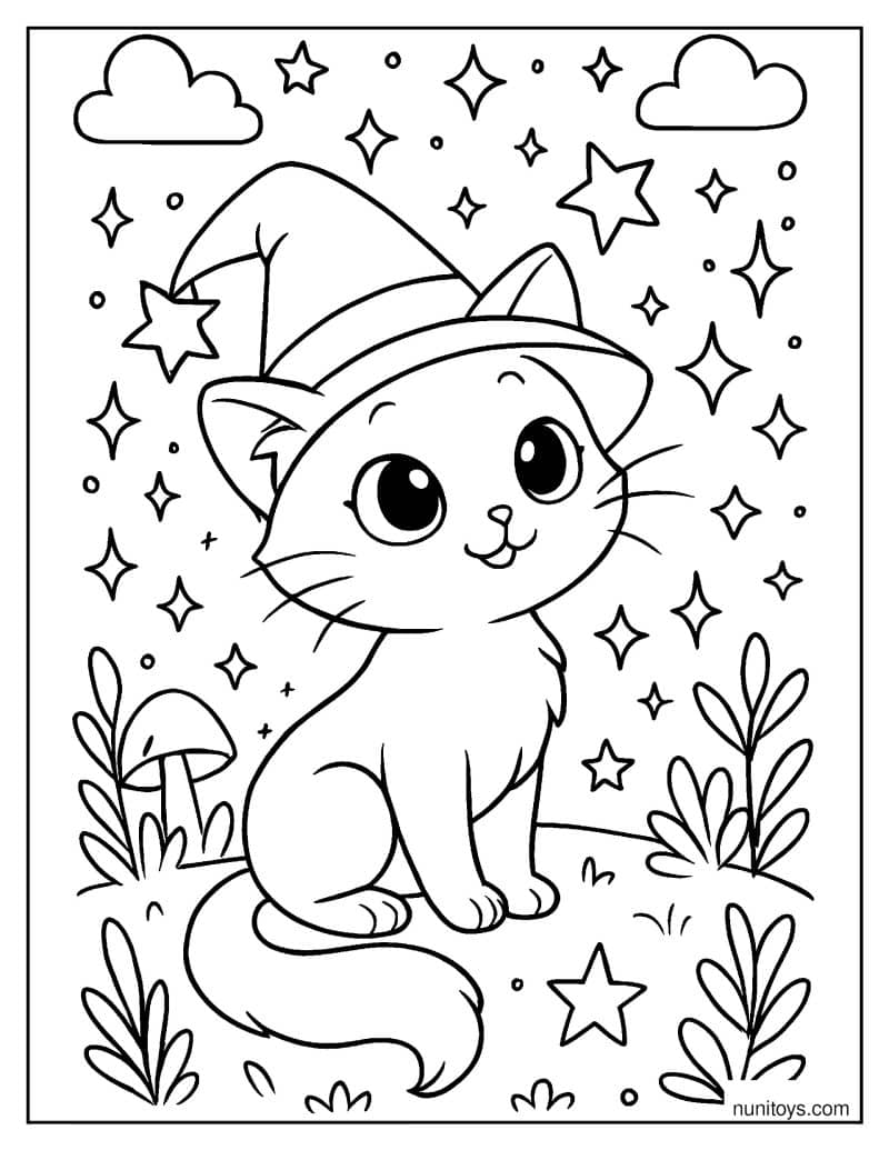 דף צביעה של חתלתול קסום מוקף כוכבים וניצוצות