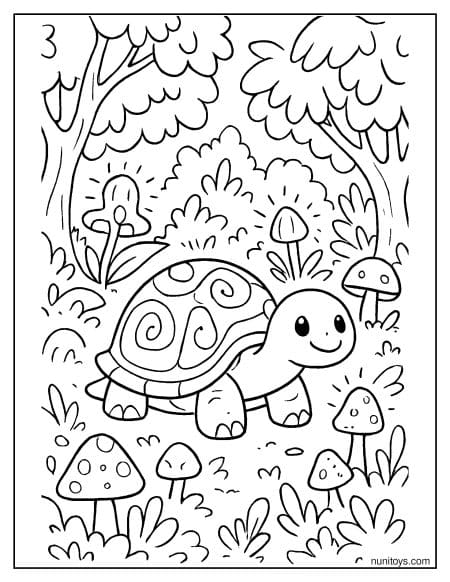 דף צביעה של צב קסום ביער זוהר עם פטריות