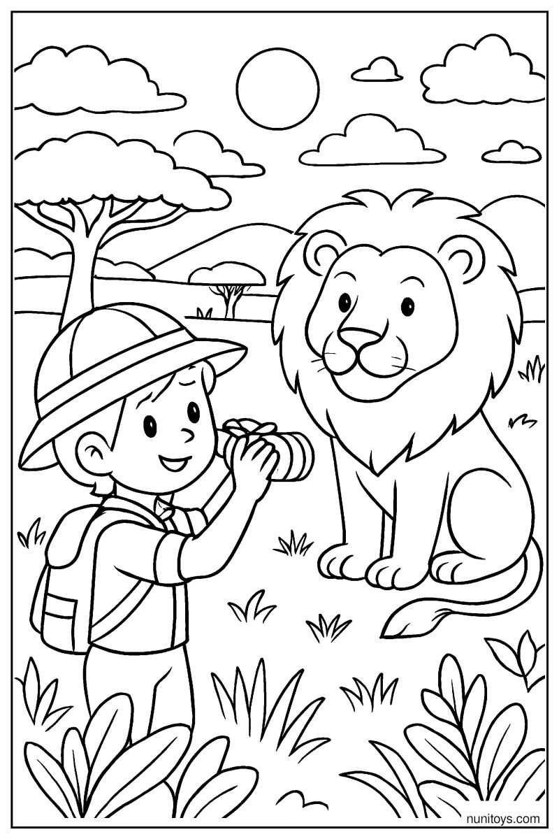 Explorer Observing a Lion in the Wild Savanna Coloring Page