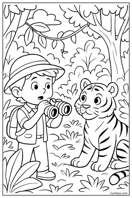 Child Taking Photos of a Tiger in the Jungle Coloring Sheet