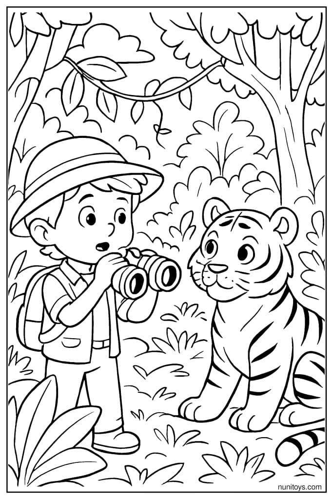 Child Taking Photos of a Tiger in the Jungle Coloring Sheet