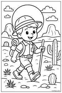 Explorer Walking Through Desert Under a Large Moon Coloring Page