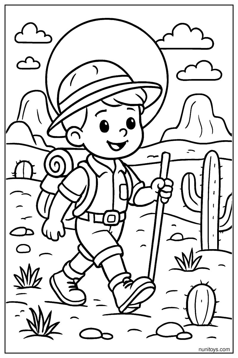 Explorer Walking Through Desert Under a Large Moon Coloring Page