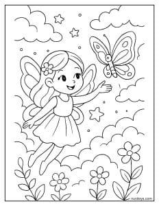 דף צביעה של פיה מעופפת רודפת אחרי פרפר בשמיים