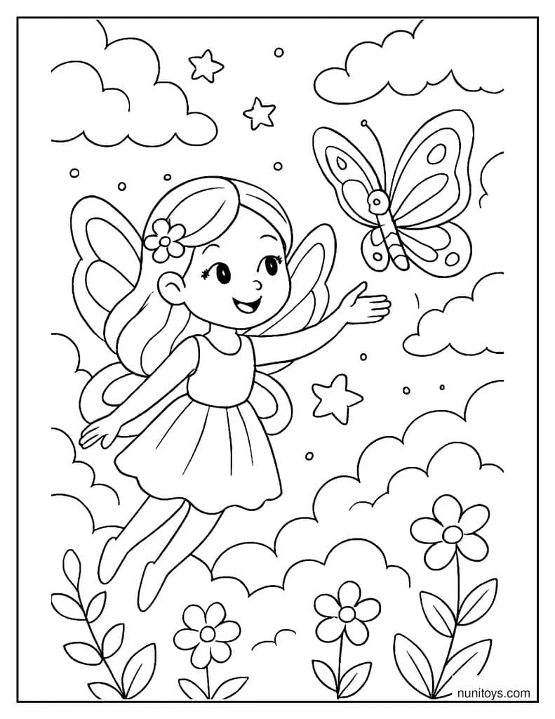 דף צביעה של פיה מעופפת רודפת אחרי פרפר בשמיים