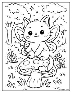 דף צביעה של חתול פיה יושב על פטרייה קסומה