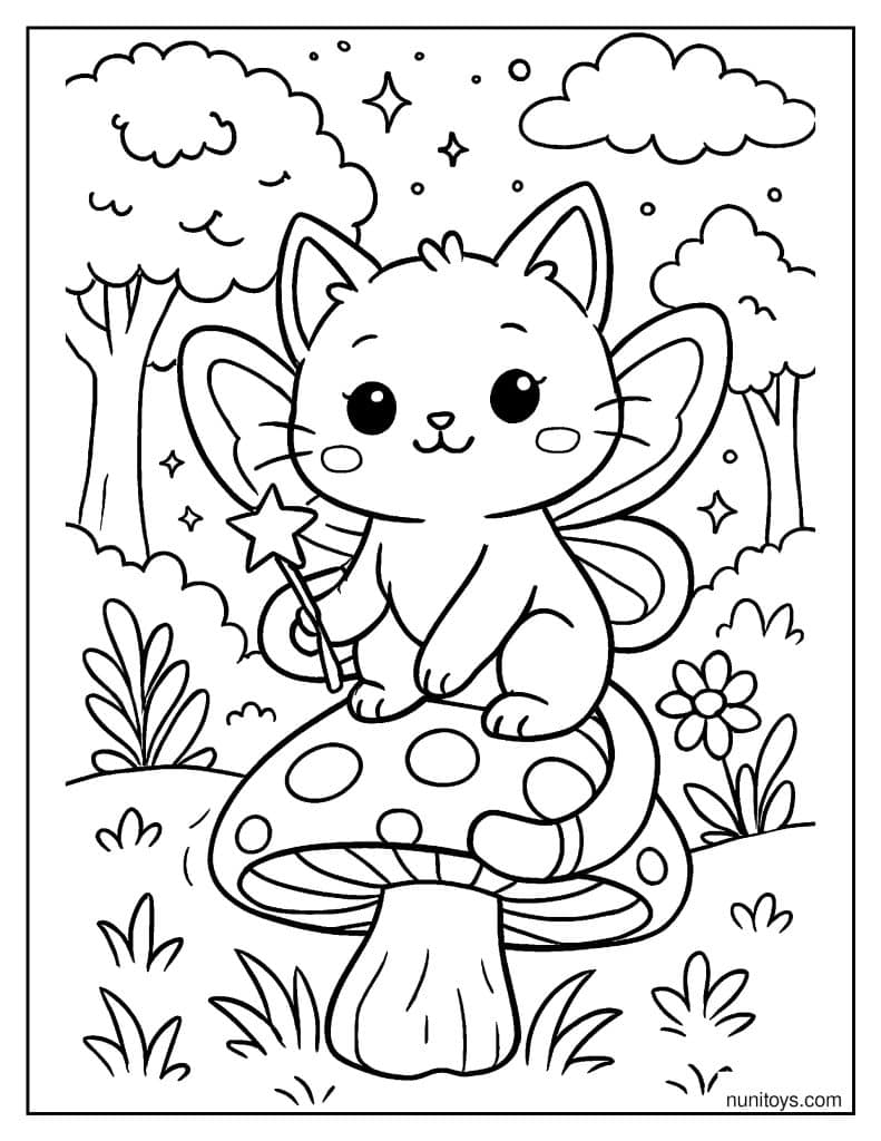 דף צביעה של חתול פיה יושב על פטרייה קסומה