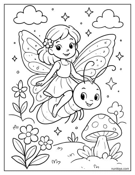 דף צביעה של פיה קטנה רוכבת על פרפר בגן קסום