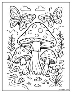 Butterflies Flying Over Mushroom Garden Coloring Sheet