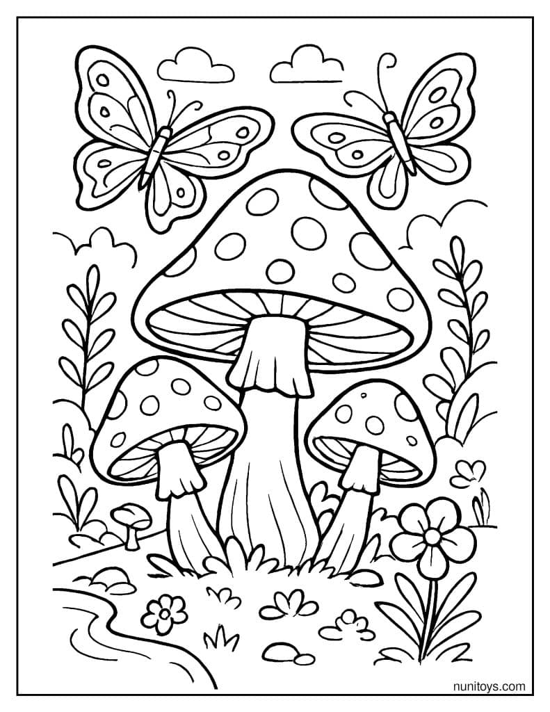 Butterflies Flying Over Mushroom Garden Coloring Sheet